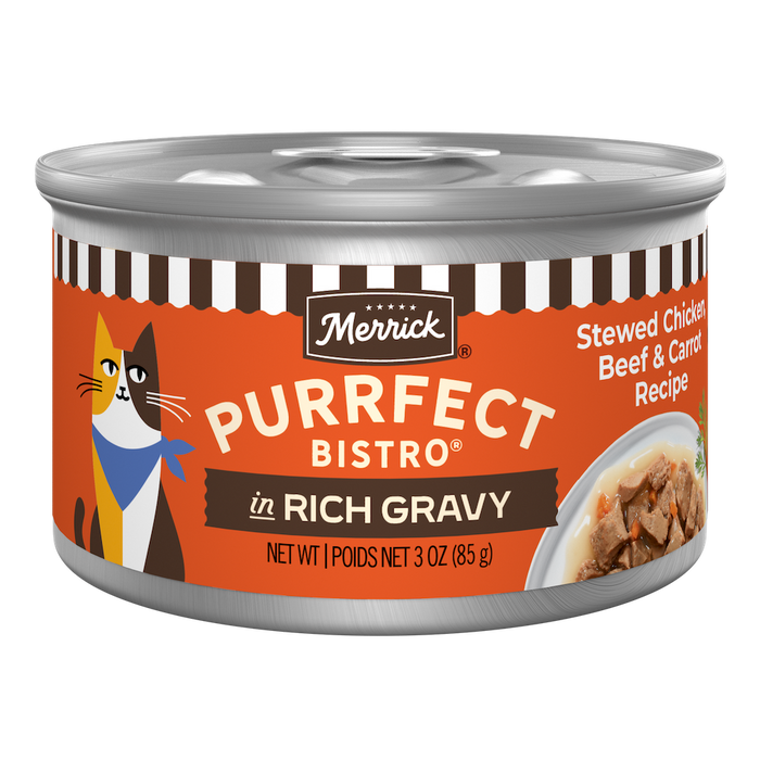 Merrick Purrfect Bistro Stewed Chicken, Beef and Carrot in Gravy Wet Cat Food can packaging