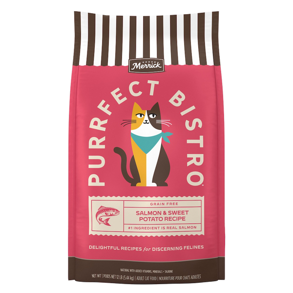 Merrick Purrfect Bistro Dry Cat Food Grain Free-Salmon and Sweet Potato bag packaging