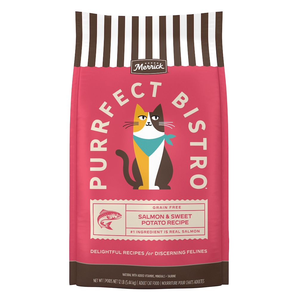 Merrick Purrfect Bistro Dry Cat Food Grain Free-Salmon and Sweet Potato bag packaging