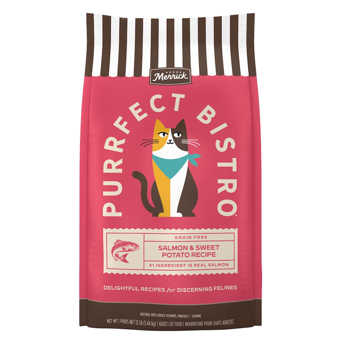 Merrick Purrfect Bistro Dry Cat Food Grain Free-Salmon and Sweet Potato bag packaging
