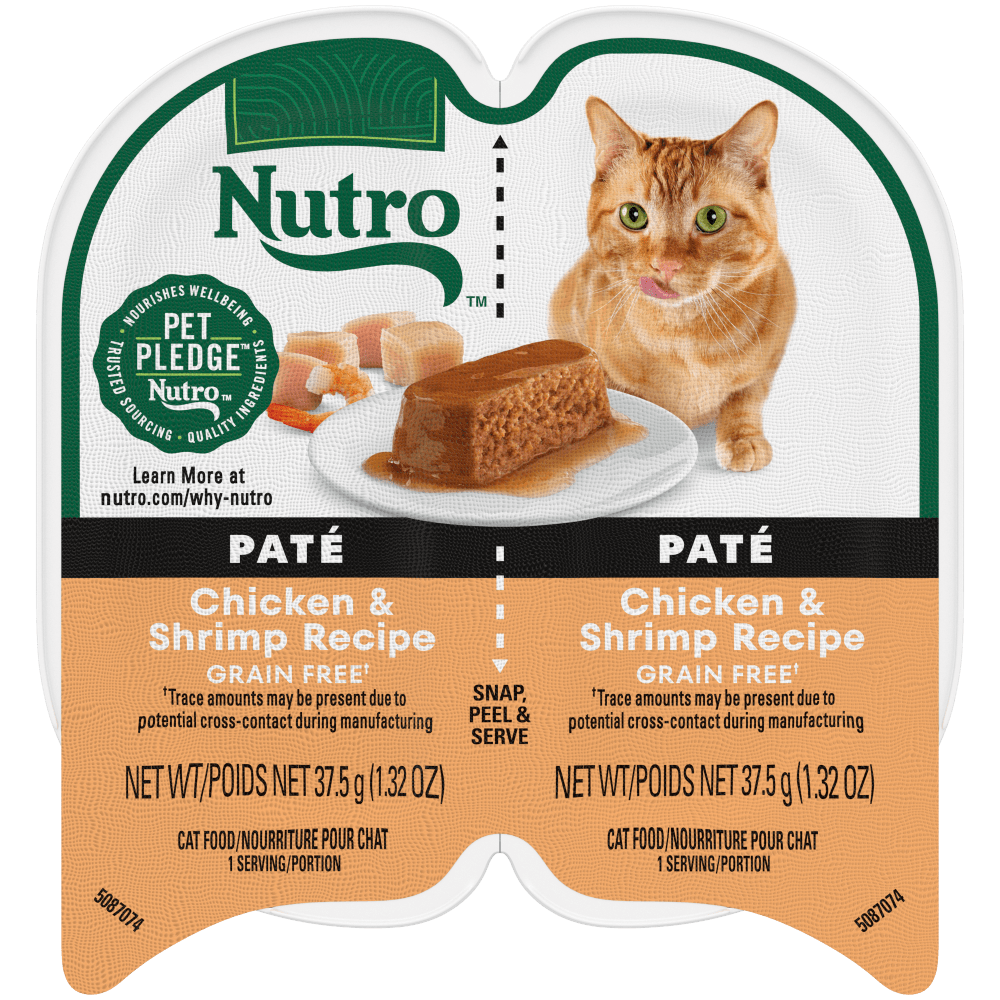 NUTRO Perfect Portions Chicken & Shrimp Paté Recipe Wet Cat Food, 2.64 oz package front; sold as case of 24 twin trays
