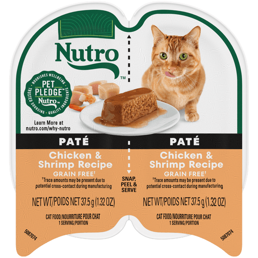 NUTRO Perfect Portions Chicken & Shrimp Paté Recipe Wet Cat Food, 2.64 oz package front; sold as case of 24 twin trays