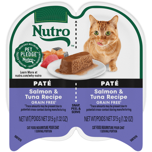 NUTRO Perfect Portions Salmon & Tuna Recipe Paté Wet Cat Food, 2.64 oz package front; sold as case of 24 twin trays