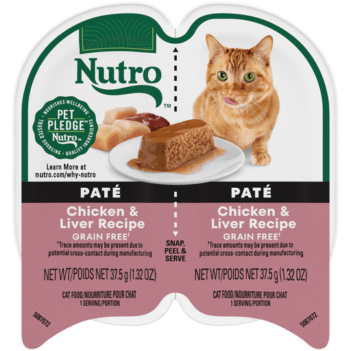 NUTRO Perfect Portions Chicken & Liver Recipe Paté Wet Cat Food, 2.64 oz package front; sold as case of 24 twin trays