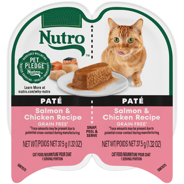 NUTRO Perfect Portions Salmon & Chicken Recipe Paté Wet Cat Food, 2.64 oz package front; sold as case of 24 twin trays