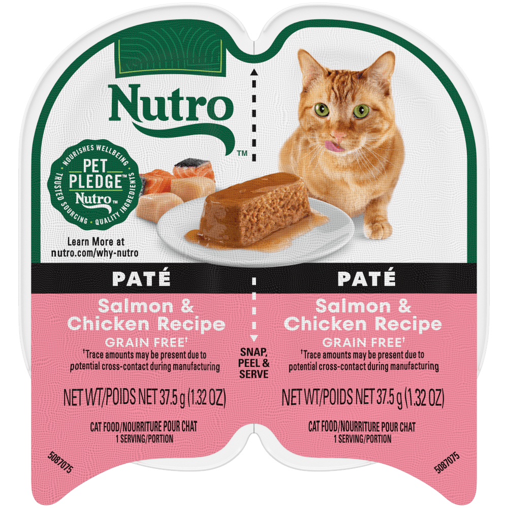 NUTRO Perfect Portions Salmon & Chicken Recipe Paté Wet Cat Food, 2.64 oz package front; sold as case of 24 twin trays