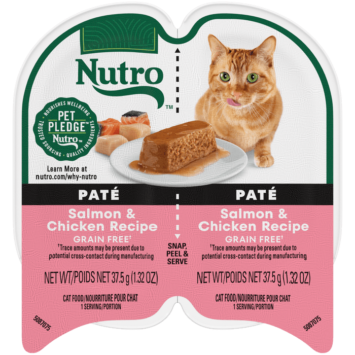 NUTRO Perfect Portions Salmon & Chicken Recipe Paté Wet Cat Food, 2.64 oz package front; sold as case of 24 twin trays