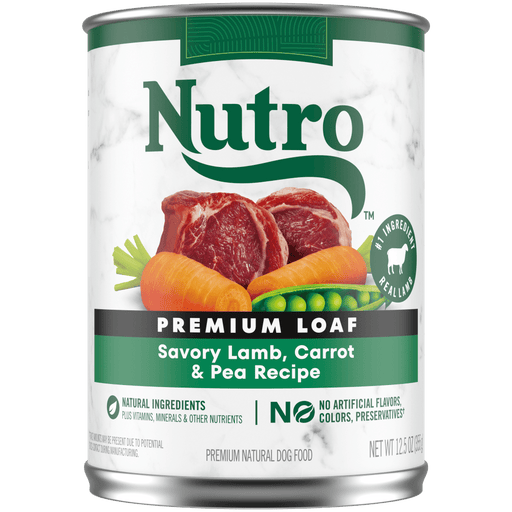NUTRO Premium Loaf Savory Lamb, Carrot And Pea Recipe Wet Dog Food, 12.5 oz package front; sold as case of 12 cans