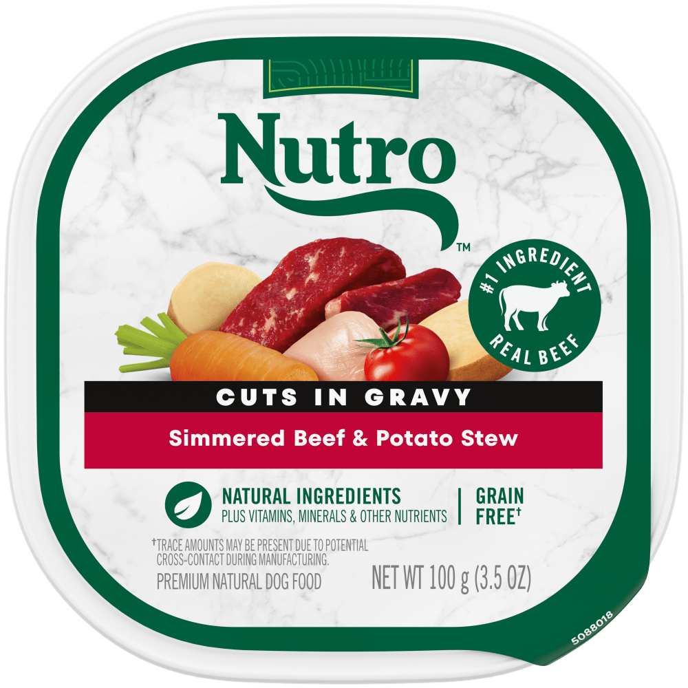 NUTRO NATURAL CHOICE Simmered Beef & Potato Stew Recipe Wet Dog Food, 3.5 oz package front; sold as case of 24 trays