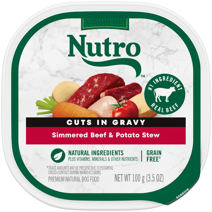 NUTRO NATURAL CHOICE Simmered Beef & Potato Stew Recipe Wet Dog Food, 3.5 oz package front; sold as case of 24 trays