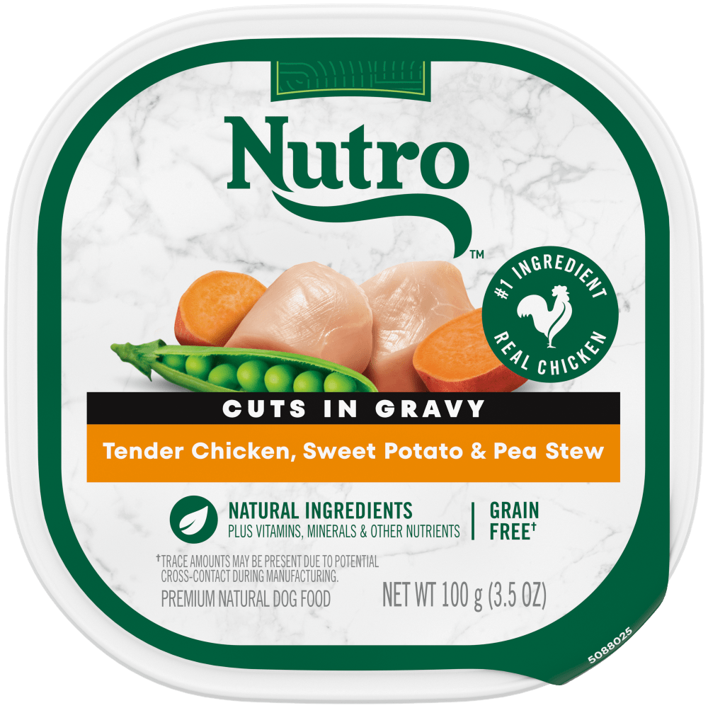 NUTRO NATURAL CHOICE Tender Chicken, Sweet Potato & Pea Stew Recipe Wet Dog Food, 3.5 oz package front; sold as case of 24 trays