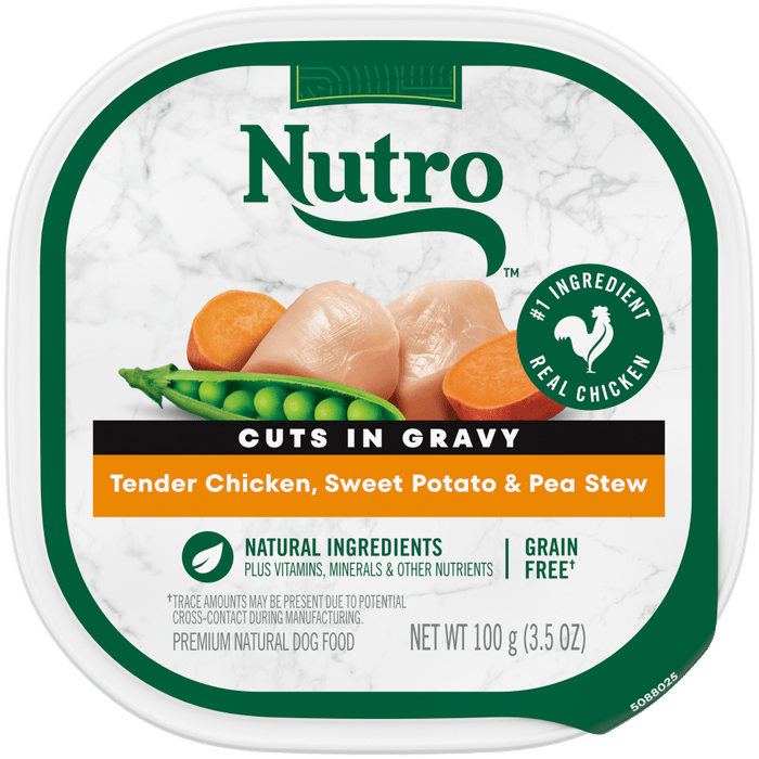 NUTRO NATURAL CHOICE Tender Chicken, Sweet Potato & Pea Stew Recipe Wet Dog Food, 3.5 oz package front; sold as case of 24 trays