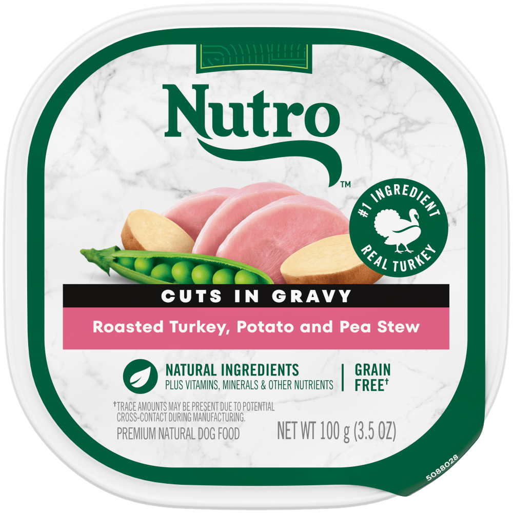 NUTRO NATURAL CHOICE Roasted Turkey, Potato & Pea Stew Recipe Wet Dog Food, 3.5 oz package front; sold as case of 24 trays