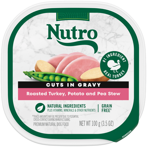 NUTRO NATURAL CHOICE Roasted Turkey, Potato & Pea Stew Recipe Wet Dog Food, 3.5 oz package front; sold as case of 24 trays