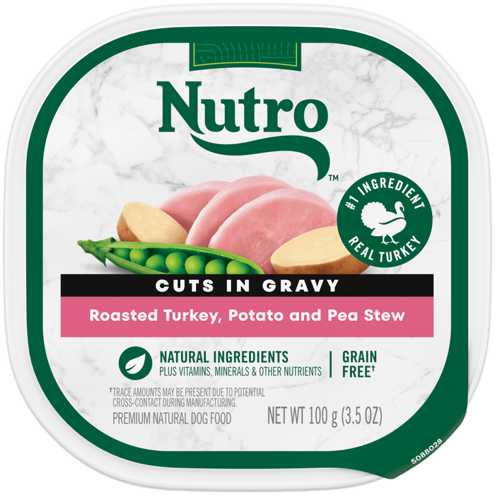 NUTRO NATURAL CHOICE Roasted Turkey, Potato & Pea Stew Recipe Wet Dog Food, 3.5 oz package front; sold as case of 24 trays