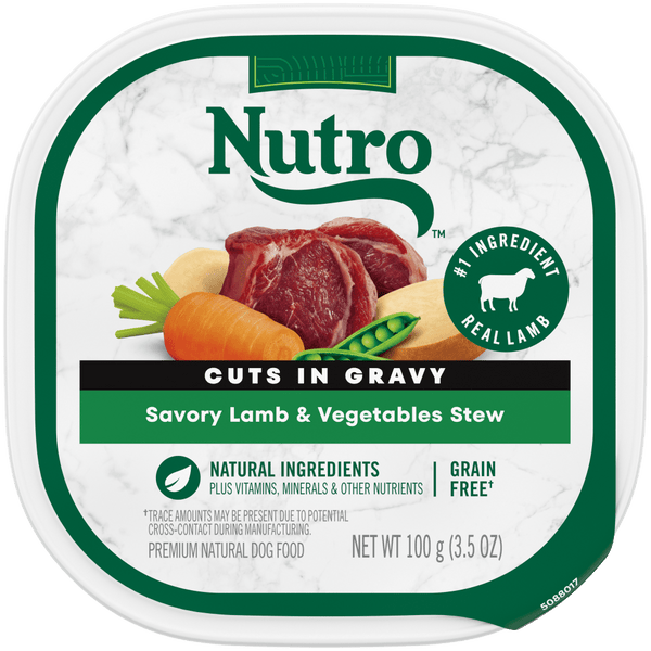 NUTRO NATURAL CHOICE Savory Lamb & Vegetables Stew Recipe Wet Dog Food, 3.5 oz package front; sold as case of 24 trays