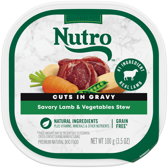 NUTRO NATURAL CHOICE Savory Lamb & Vegetables Stew Recipe Wet Dog Food, 3.5 oz package front; sold as case of 24 trays