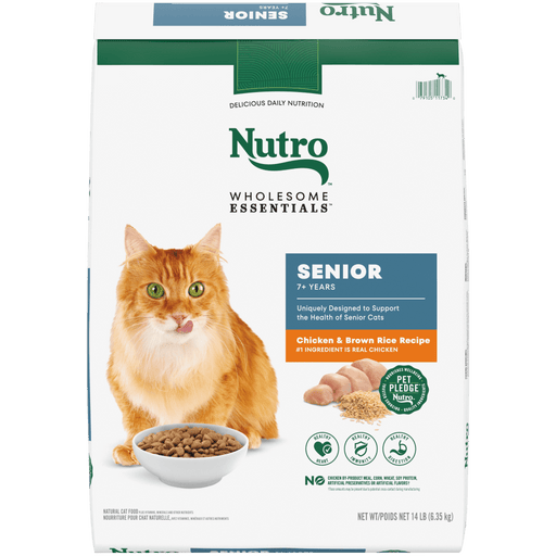 NUTRO Wholesome Essentials Senior Formula with Chicken & Brown Rice Recipe Dry Cat Food, 14 lb package front