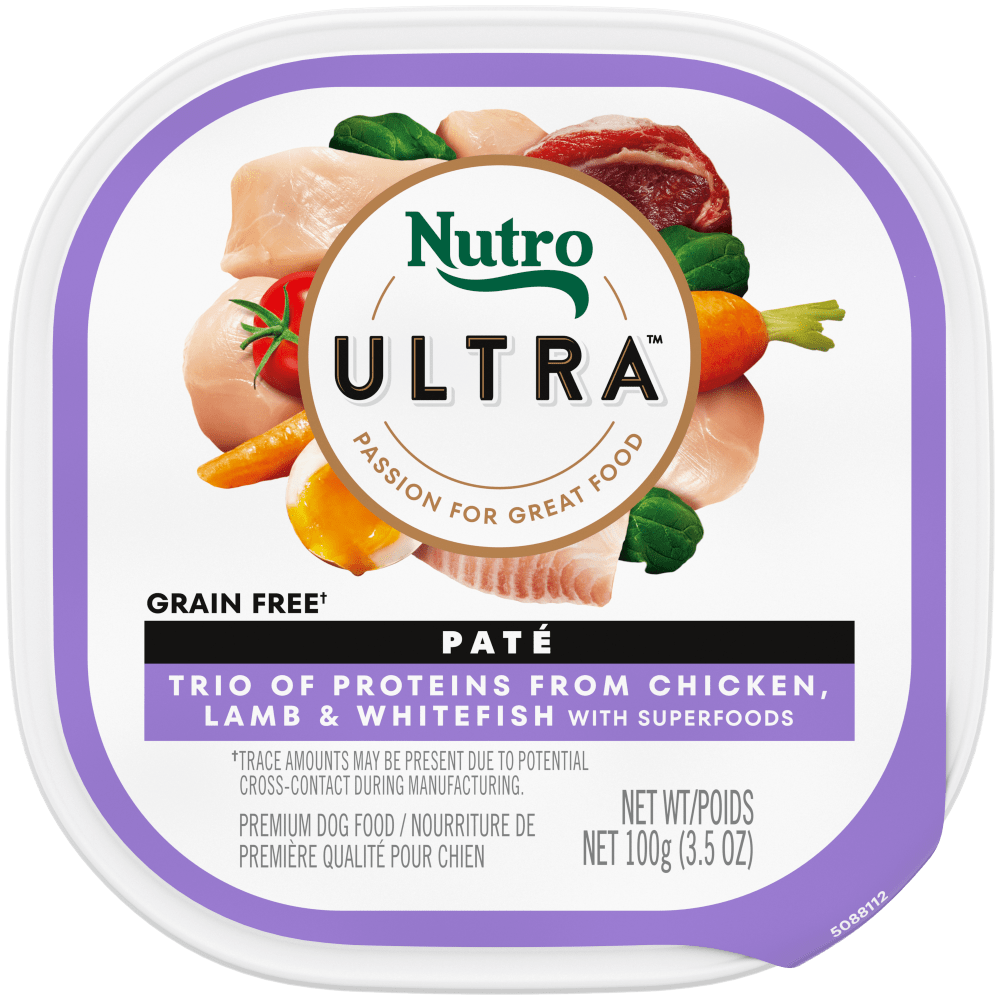 NUTRO Ultra Trio of Proteins Chicken, Lamb & Whitefish with Superfoods Paté Wet Dog Food, 3.5 oz package front; sold as case of 24 trays