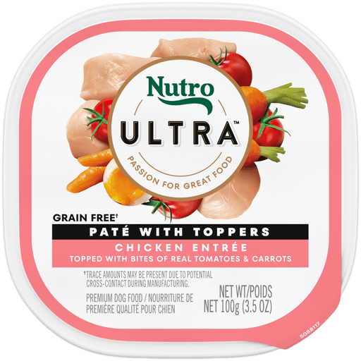 NUTRO Ultra Chicken Entrée Paté with Tomatoes & Carrots Wet Dog Food, 3.5 oz package front; sold as case of 24 trays