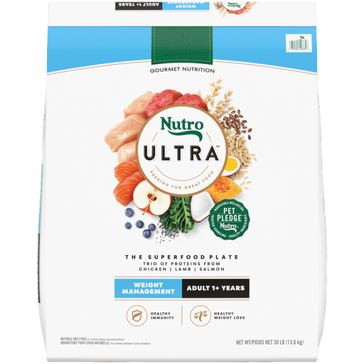 NUTRO Ultra Weight Management, The Superfood Plate with a Trio of Proteins from Chicken, Lamb and Salmon Dry Dog Food, 30 lb package front