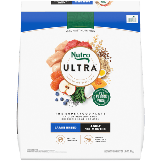 NUTRO Ultra Large Breed Adult, The Superfood Plate with a Trio of Proteins from Chicken, Lamb and Salmon Dry Dog Food, 30 lb package front
