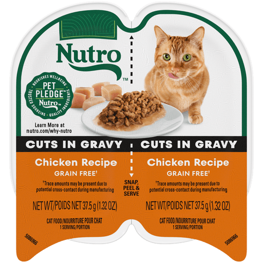 NUTRO Perfect Portions Chicken Recipe Cuts in Gravy Wet Cat Food, 2.64 oz package front; sold as case of 24 twin trays