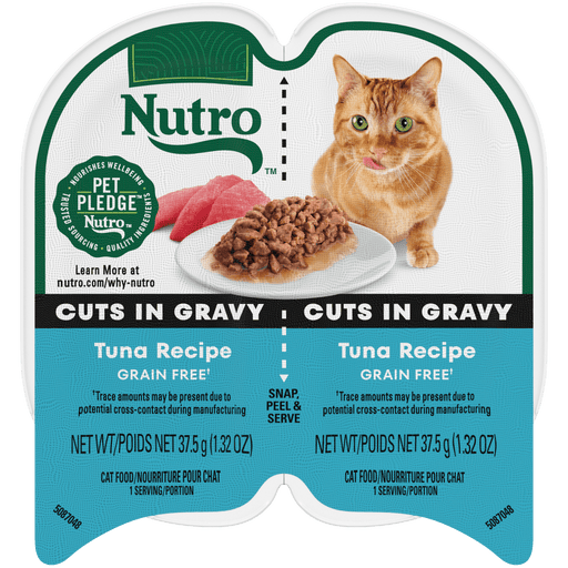 NUTRO Perfect Portions Tuna Recipe Cuts in Gravy Wet Cat Food, 2.64 oz package front; sold as case of 24 twin trays