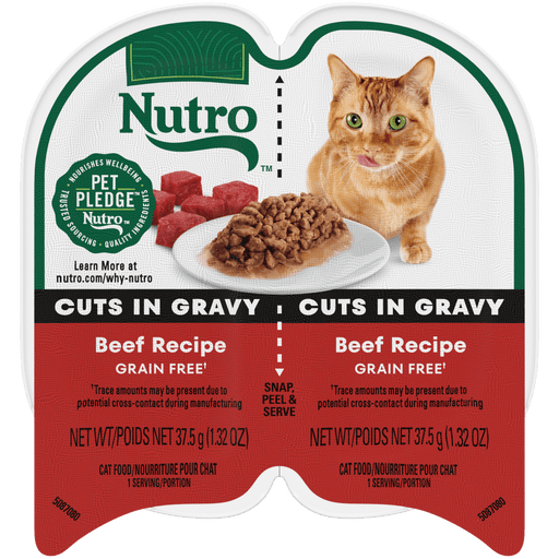 NUTRO Perfect Portions Beef Recipe Cuts in Gravy Wet Cat Food, 2.64 oz package front; sold as case of 24 twin trays
