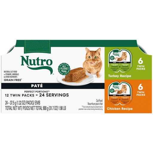 NUTRO Perfect Portions Paté: Turkey Recipe and Chicken Recipe Variety Pack Wet Cat Food, 2.64 oz package front; sold as case of 24 twin trays