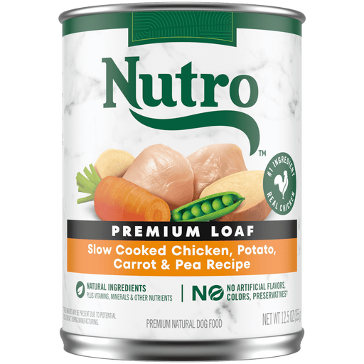 NUTRO Premium Loaf Slow Cook Chicken, Potato, Carrot & Pea Recipe Wet Dog Food, 12.5 oz package front; sold as case of 12 cans