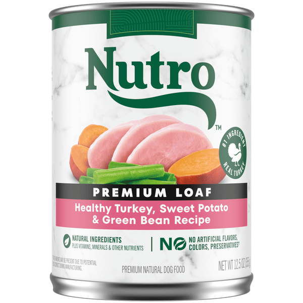 NUTRO Premium Loaf Healthy Turkey, Sweet Potato & Green Bean Recipe Wet Dog Food, 12.5 oz package front; sold as case of 12 cans