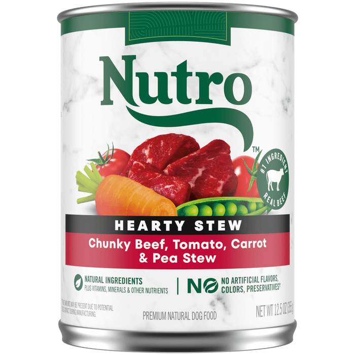 NUTRO Hearty Stew Chunky Beef, Tomato, Carrot & Pea Stew Wet Dog Food, 12.5 oz package front; sold as case of 12 cans