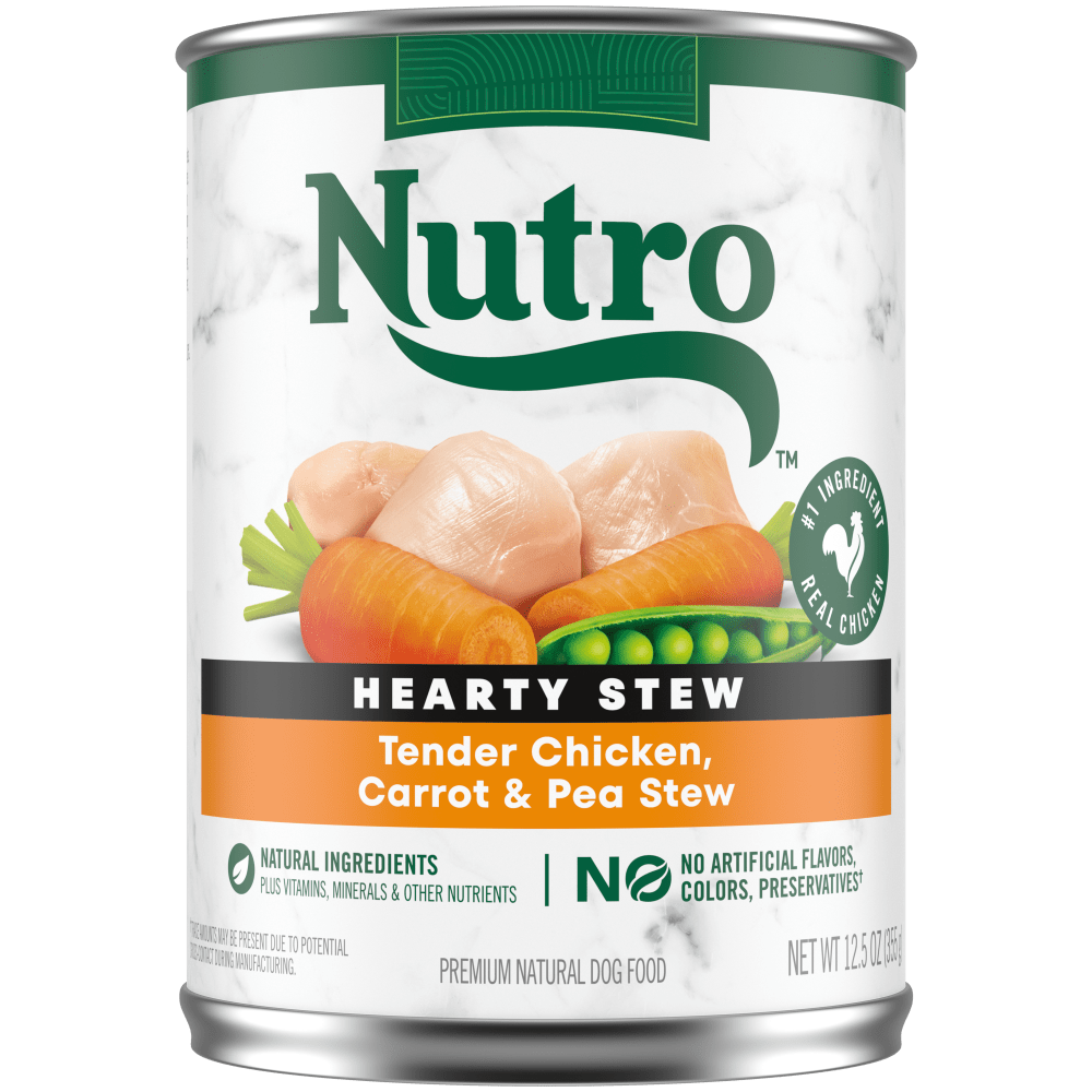 NUTRO Hearty Stew Tender Chicken, Carrot & Pea Stew Wet Dog Food, 12.5 oz package front; sold as case of 12 cans