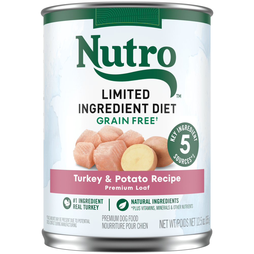 NUTRO Limited Ingredient Diet Turkey & Potato Recipe Wet Dog Food, 12.5 oz package front; sold as case of 12 cans