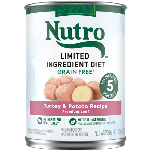 NUTRO Limited Ingredient Diet Turkey & Potato Recipe Wet Dog Food, 12.5 oz package front; sold as case of 12 cans