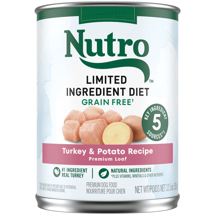 NUTRO Limited Ingredient Diet Turkey & Potato Recipe Wet Dog Food, 12.5 oz package front; sold as case of 12 cans