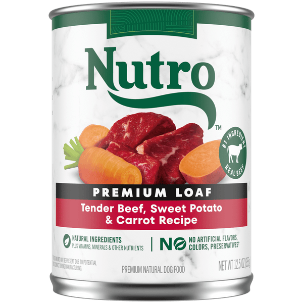 NUTRO Premium Loaf Tender Beef, Sweet Potato & Carrot Recipe Wet Dog Food, 12.5 oz package front; sold as case of 12 cans