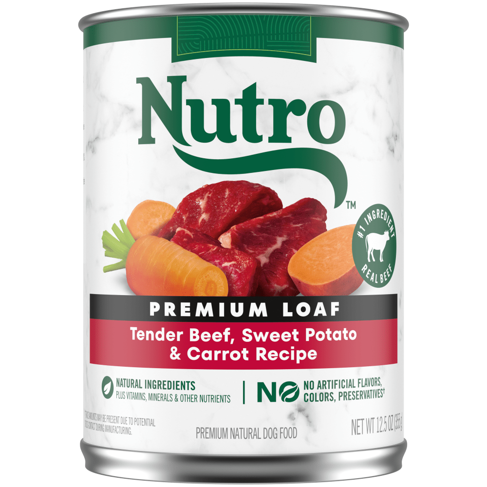 NUTRO Premium Loaf Tender Beef, Sweet Potato & Carrot Recipe Wet Dog Food, 12.5 oz package front; sold as case of 12 cans