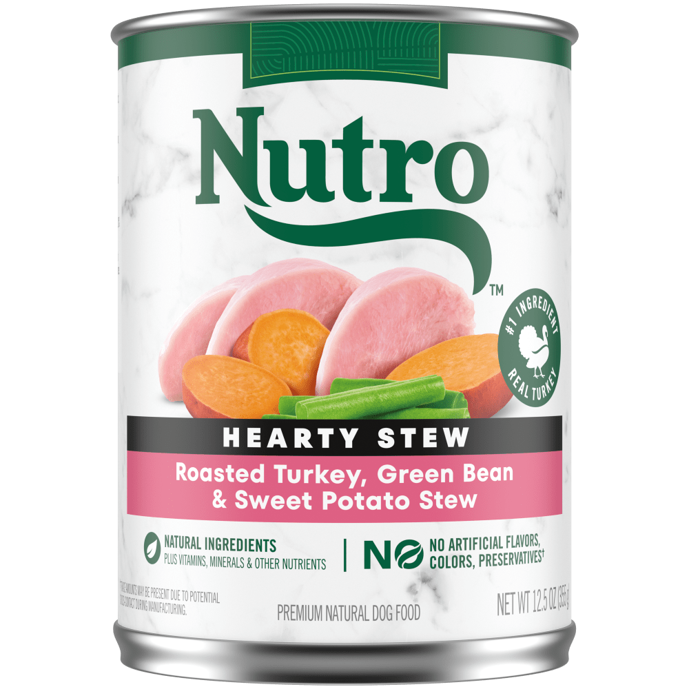 NUTRO Hearty Stew Roasted Turkey, Sweet Potato & Green Bean Stew Wet Dog Food, 12.5 oz package front; sold as case of 12 cans