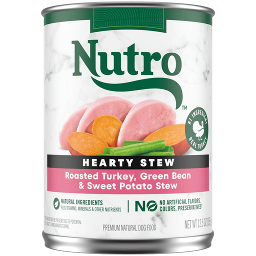 NUTRO Hearty Stew Roasted Turkey, Sweet Potato & Green Bean Stew Wet Dog Food, 12.5 oz package front; sold as case of 12 cans