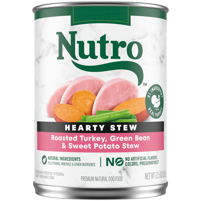 NUTRO Hearty Stew Roasted Turkey, Sweet Potato & Green Bean Stew Wet Dog Food, 12.5 oz package front; sold as case of 12 cans