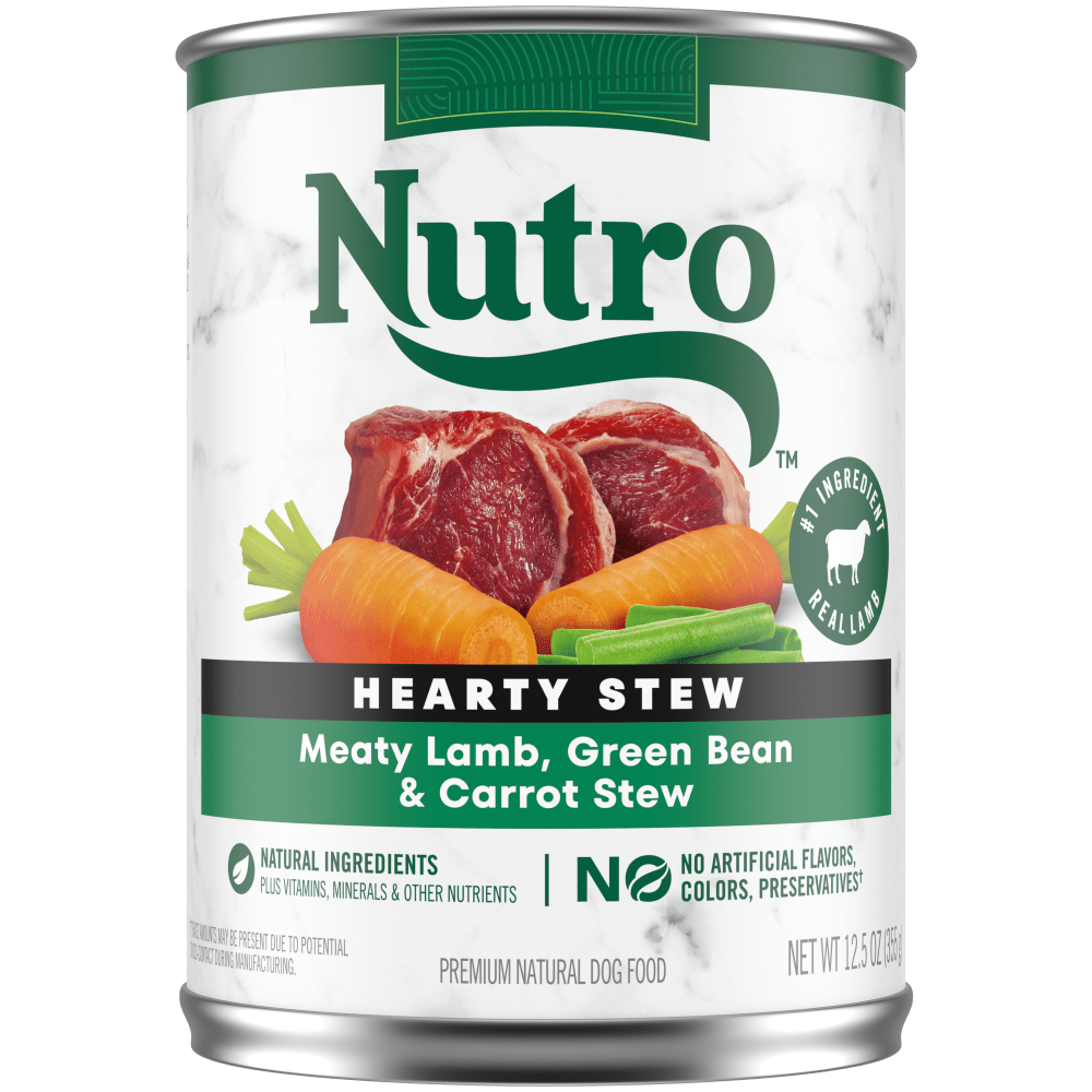 NUTRO Hearty Stew Meaty Lamb, Green Bean & Carrot Stew Recipe Wet Dog Food, 12.5 oz package front; sold as case of 12 cans