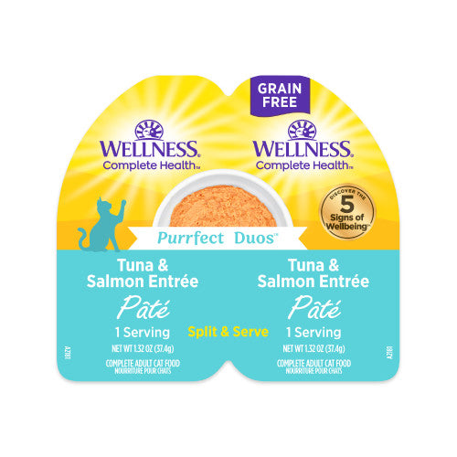Wellness Purrfect Duos Tuna & Salmon Pâté — 2 × 1.32-oz servings per tray; sold as case of 12 trays (24 servings)