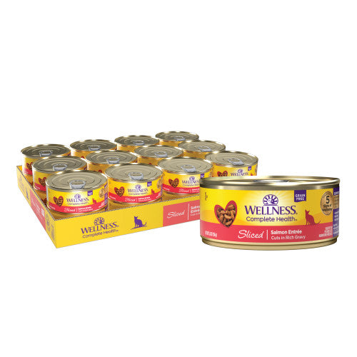Wellness Complete Health Sliced Salmon Entrée Cuts in Rich Gravy Wet Cat Food — Full Cases — Case of 12 × 5.5-oz containers