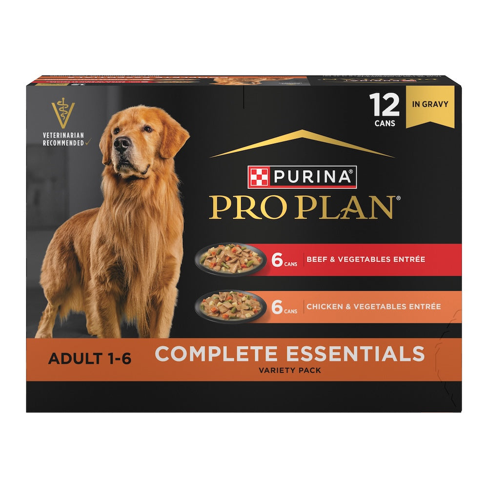 Purina Pro Plan Complete Essentials Chicken & Vegetables and Beef & Vegetables in Gravy Wet Dog Food Variety Pack — 13 oz — case of 12