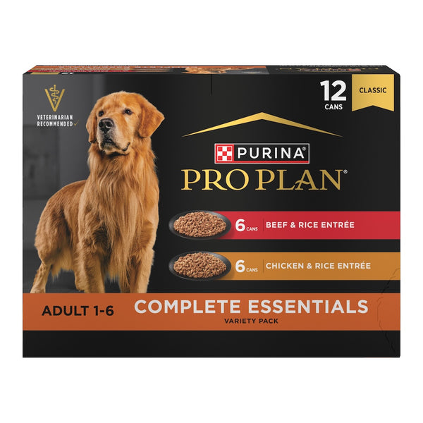 Purina Pro Plan Complete Essentials Chicken & Rice Entrée and Beef & Rice Entrée Wet Dog Food Variety Pack — 13 oz — case of 12