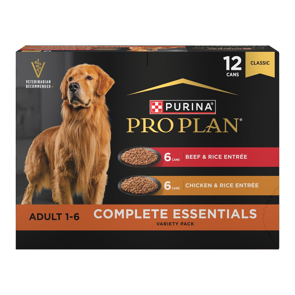 Purina Pro Plan Complete Essentials Chicken & Rice Entrée and Beef & Rice Entrée Wet Dog Food Variety Pack — 13 oz — case of 12