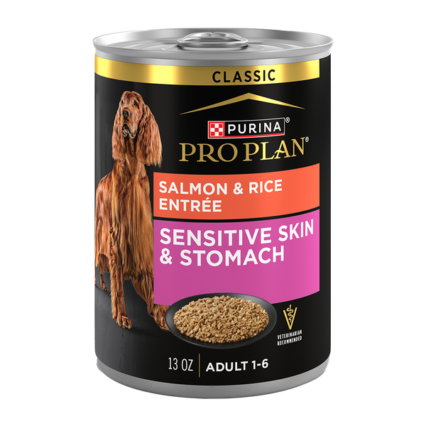 Purina Pro Plan Sensitive Skin & Stomach Salmon & Rice Entrée Classic Wet Dog Food — 13-oz, case of 12