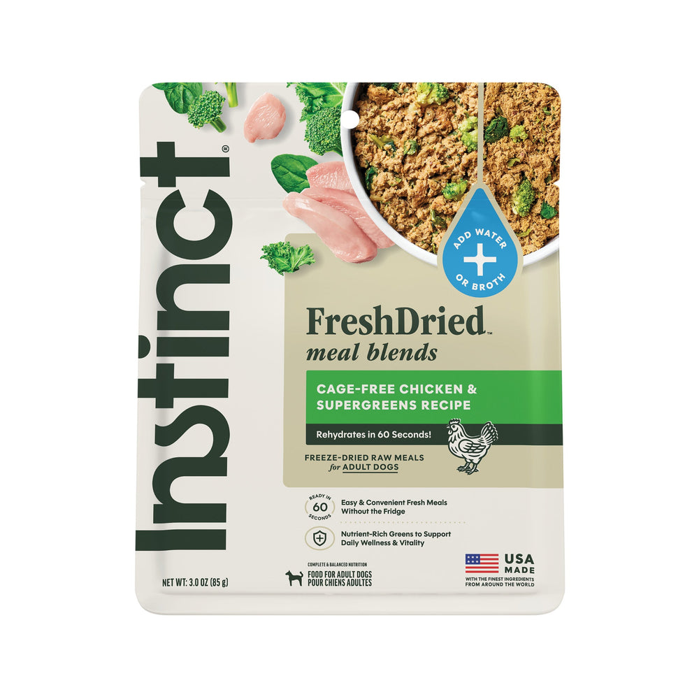 Instinct FreshDried Meal Blends Chicken & SuperGreens Blend dog 3 oz. product benefits and recipe information